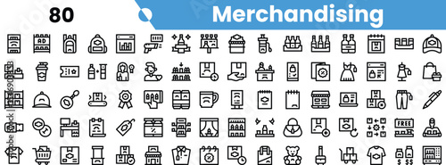A collection of black and white icons representing various aspects of merchandising, including products, shopping, and promotional items.