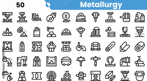 A collection of minimalist icons representing metallurgy processes, including equipment and manufacturing elements.