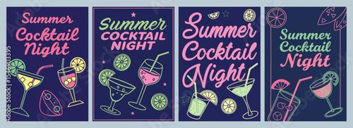 Vibrant Summer Cocktail Night Posters Showcasing Exquisite Drinks and Fresh Fruits Creative Designs for Unforgettable Gatherings