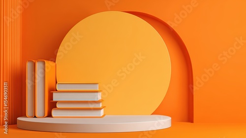 Bright orange circular backdrop with white books and round platform creating modern minimalistic display scene