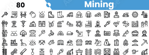 Set of diverse mining icons including equipment, minerals, and safety gear, ideal for industrial and educational purposes.