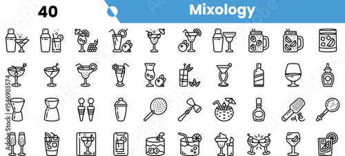 A collection of stylish mixology icons featuring various cocktails, bar tools, and serving glasses in a minimalist line art design.