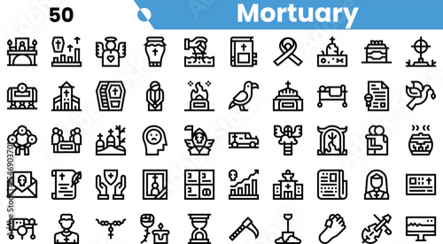 A collection of minimalist icons representing mortuary services, including caskets, memorials, and ceremonial symbols.