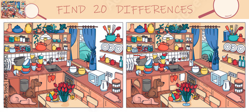 Find the differences game. Kitchen interior with furniture and home objects. Cozy family eating room. Sketch vector illustration.