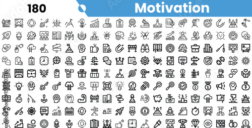 A comprehensive collection of motivational icons featuring diverse themes, ideal for personal growth, business, and productivity.