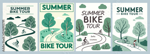 Stylish Summer Bike Tour Posters Showcasing Cyclists in Serene Green Landscapes Inspiring Adventure and Connection with Nature Through Impressive Design