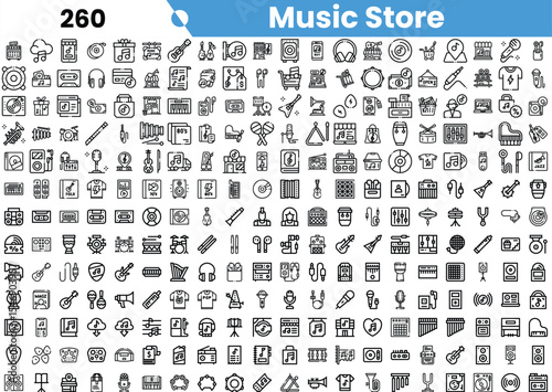 An extensive collection of black and white music-related icons showcasing a variety of instruments and audio equipment.