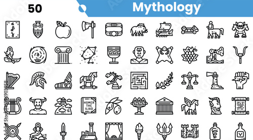 A vibrant collection of mythology-themed icons featuring symbols from various mythologies, including gods, artifacts, and legendary creatures.
