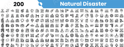 A diverse collection of icons representing various natural disasters, depicted in a minimalist black and white design.