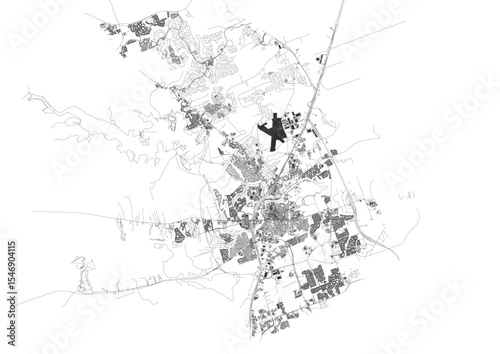 Georgetown black and white map showcasing highways and buildings. Clean vector design, focused on road networks and city structures for monochrome visualization or print.