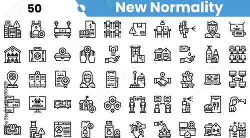 A diverse collection of line icons representing the concept of 'New Normality', featuring themes of technology, health, and community.