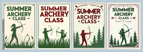 Diverse Participants in Nature: Illustrations of Summer Archery Class Poster Designs Celebrating Community and Skill