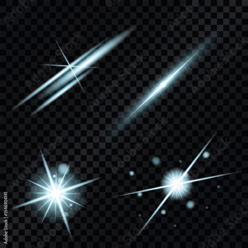 Vector blue sparkles on transparent background. Light effect. Vector glow sparkle effect. Solar flare with rays and glare. Star shines and light glow sparks. Sparkling magical dust particles 