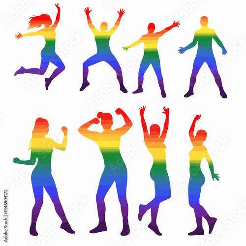 Rainbow people dancing silhouettes celebration fun party