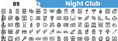 A vibrant collection of night club icons featuring drinks, music, and dance elements.