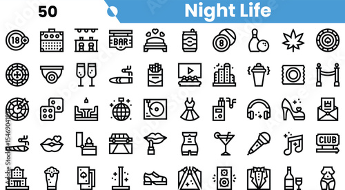 A vibrant collection of nightlife icons featuring bars, entertainment, and celebrations, portrayed in a minimalist black and white design.