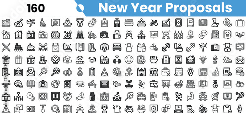 A collection of vector-style icons representing various New Year proposals and celebrations in monochrome.