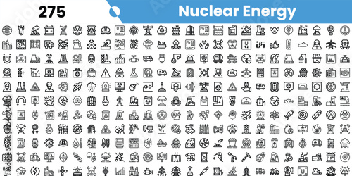 A diverse collection of black and white icons representing various aspects of nuclear energy, including power plants, radiation symbols, and scientific equipment.