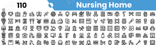 A collection of diverse nursing home icons representing various services and activities for elderly care.