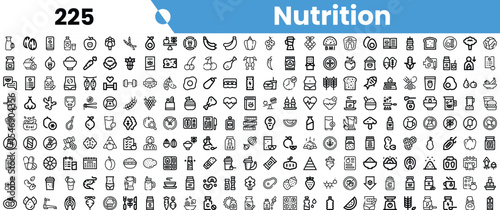 A diverse collection of black and white nutrition-related icons, showcasing various food items and health symbols.