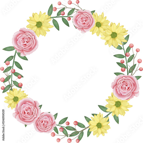 Pink and yellow flowers wreath on transparent background for wedding Invitations, cards, wall art and design