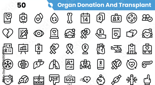 A collection of line icons representing organ donation and transplant themes, featuring hearts, medical symbols, and awareness ribbons.