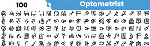 A diverse set of optometrist-related icons featuring various eye care tools and symbols, designed in a clean, minimalist style.
