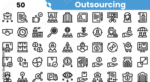 A diverse set of outsourcing-related icons depicting various business elements, from contracts to teamwork and project management.