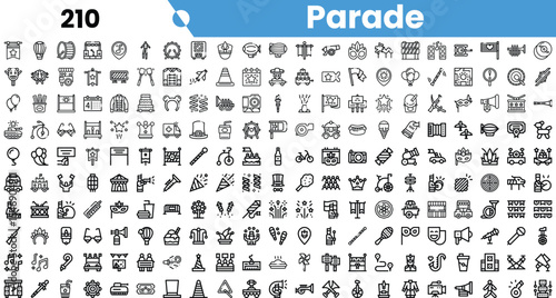 A vibrant collection of parade-themed icons featuring balloons, floats, musicians, and celebratory symbols in a bold design.