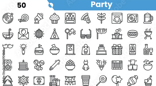 A vibrant collection of party-themed icons featuring food, drinks, decorations, and entertainment elements. Perfect for festive designs.