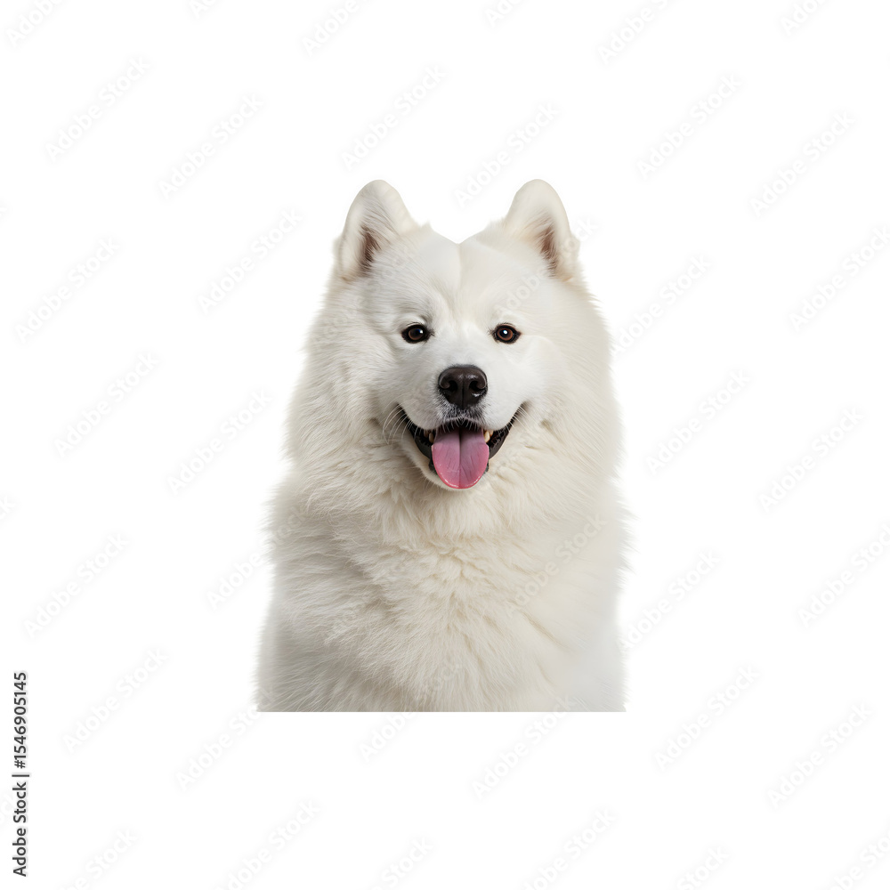 Fluffy white Samoyed dog smiling adorably against clean background ideal for pet care promotions Fluffy white Samoyed dog smiling adorably against clean background ideal for pet care promotions