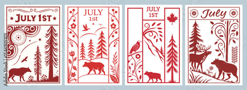 Vibrant Summer Celebrations Artistic Red and White Illustrations of Nature Trees Wildlife and Motifs for July 1st Poster Designs