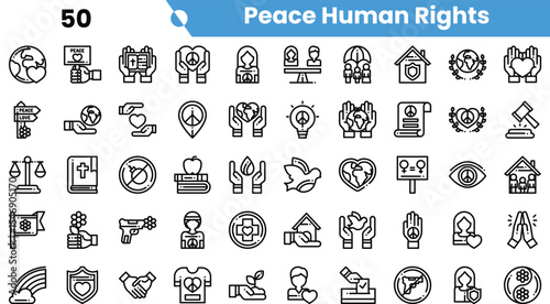 A diverse collection of line-drawn icons representing peace and human rights, including symbols of unity, justice, and compassion.