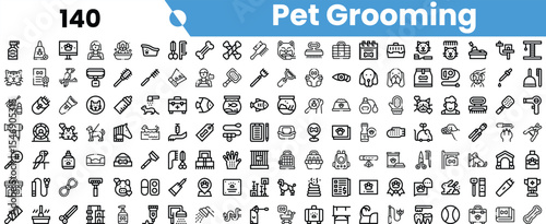 A collection of black and white icons representing various pet grooming tools and supplies, perfect for animal care enthusiasts.