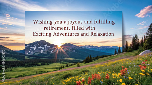 Joyful retirement message in a scenic mountain landscape