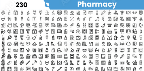 A diverse collection of pharmacy-related icons, featuring various medical tools, prescription items, and health symbols in a monochromatic design.