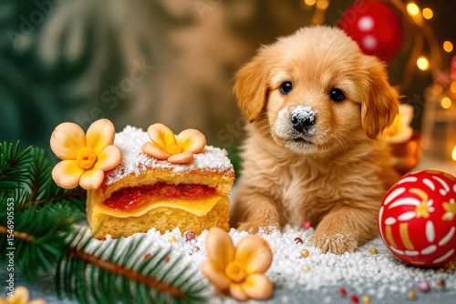 Golden retriever puppy with frosting near festive cake and flowers