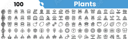 A diverse collection of plant icons in a minimalist line art style, showcasing various species in pots and natural settings.