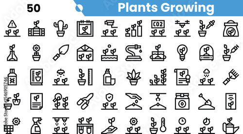 A collection of minimalist line icons representing various aspects of plant growth, gardening, and environmental care.