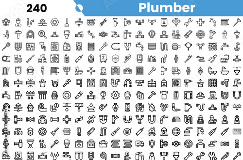 A diverse collection of plumber-related icons, showcasing tools, pipes, fixtures, and symbols relevant to plumbing.