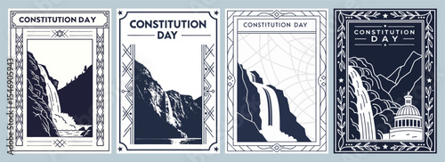Elegant Constitution Day Posters Showcasing Modern Aesthetic with Waterfalls and Government Building in Monochromatic Color Scheme