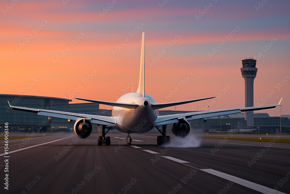 Obraz premium Majestic Airplane Landing at Sunset A Breathtaking View of Air Travel