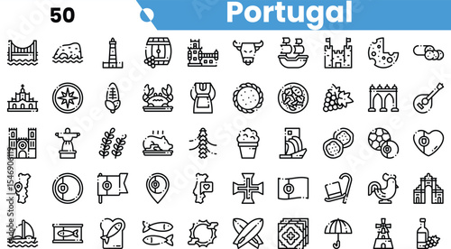 A collection of icons representing Portugal's rich culture and landmarks, including landmarks, food, and traditional symbols.