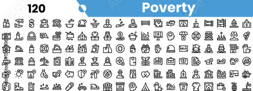 A comprehensive collection of black and white icons symbolizing poverty, depicting various aspects and challenges associated with economic hardships.