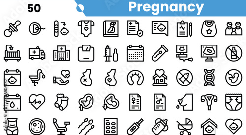 A comprehensive set of icons depicting various aspects of pregnancy, including medical, parental, and health-related themes.
