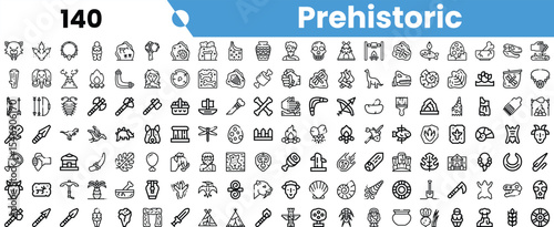 A collection of prehistoric-themed icons showcasing tools, animals, and artifacts in a minimalist black and white design.