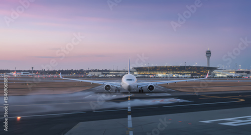 Airplane Taxiing on Runway at Dawn Breathtaking Airport Scene
