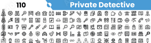 A collection of various icons representing elements of private investigation, including magnifying glasses, files, and gadgets.