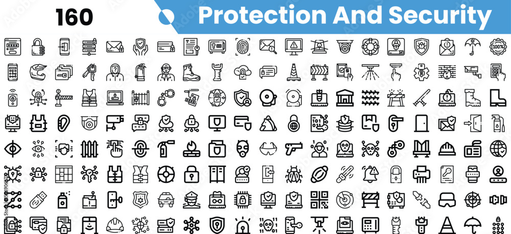 A collection of icons representing protection and security, showcasing various items from surveillance cameras to shields. A collection of icons representing protection and security, showcasing various items from surveillance cameras to shields.