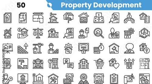 A collection of property development icons, showcasing various elements like houses, tools, and financial considerations in a minimalist style.